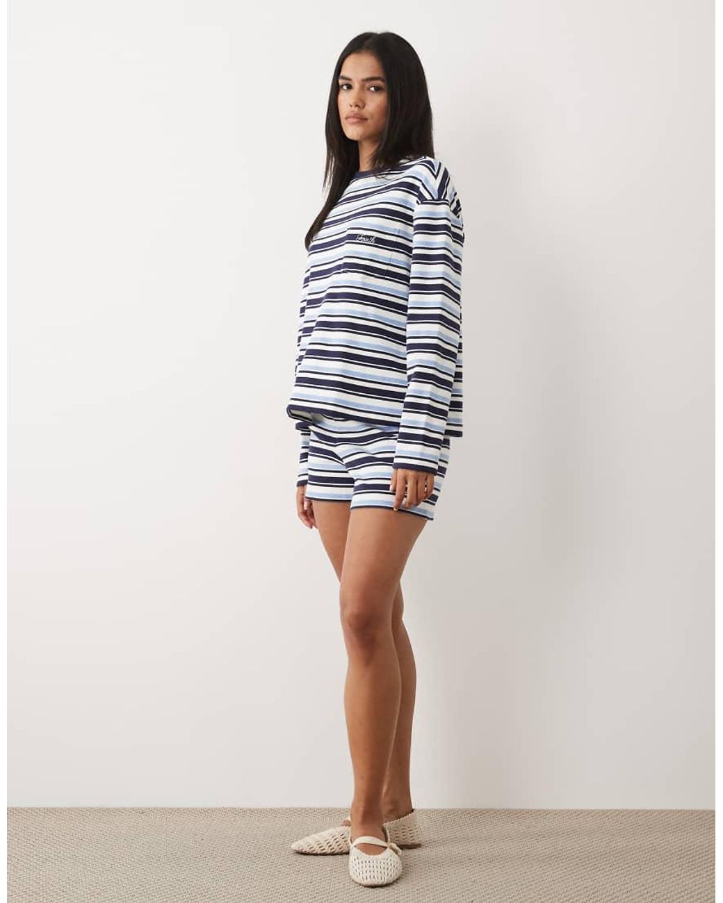 4th & Reckless Blue Cotton Rich Pocket Front Embroidered Logo Wide Sleeve T-shirt Co-ord