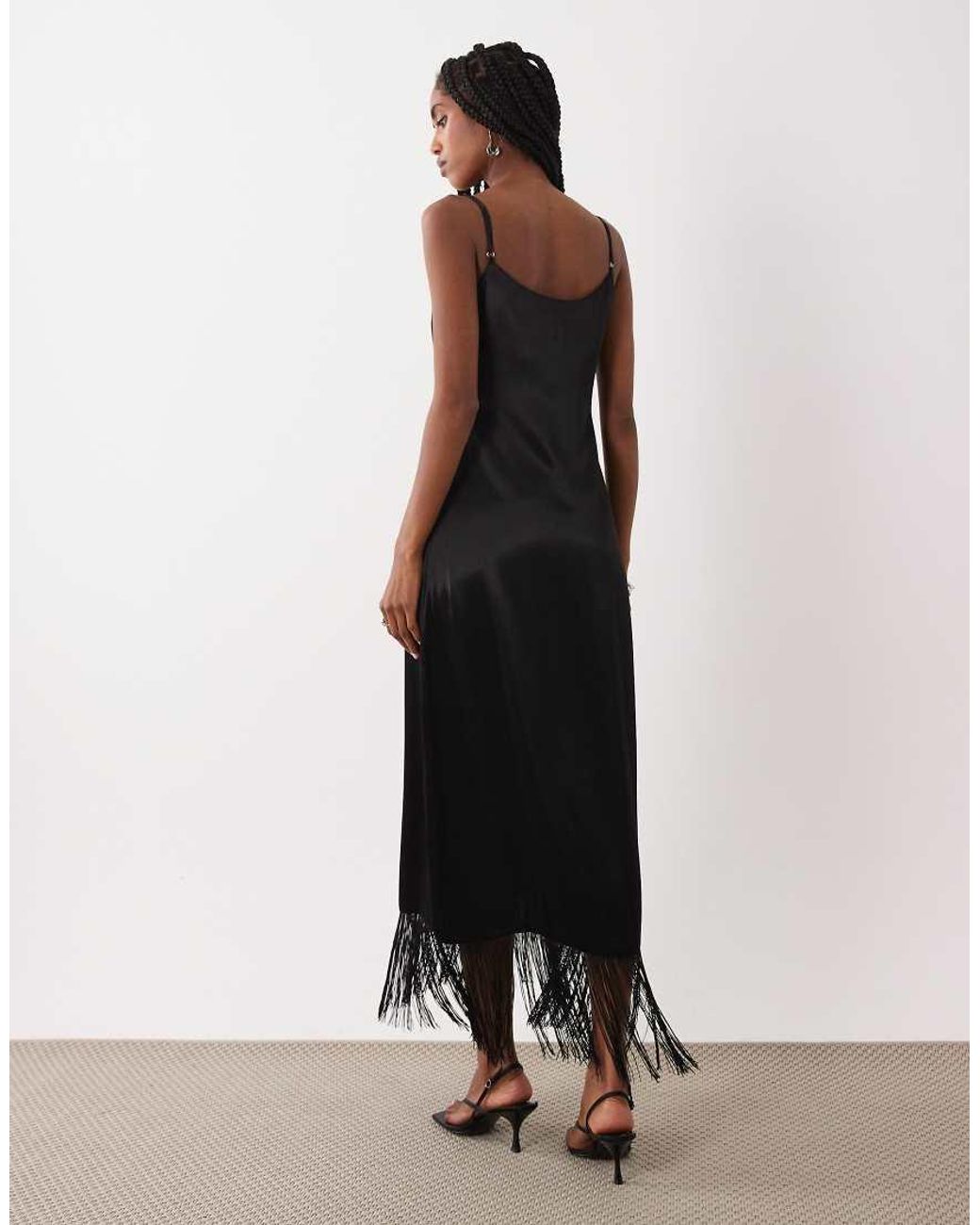 ASOS White Satin Midi Slip Dress With Fringe Detail