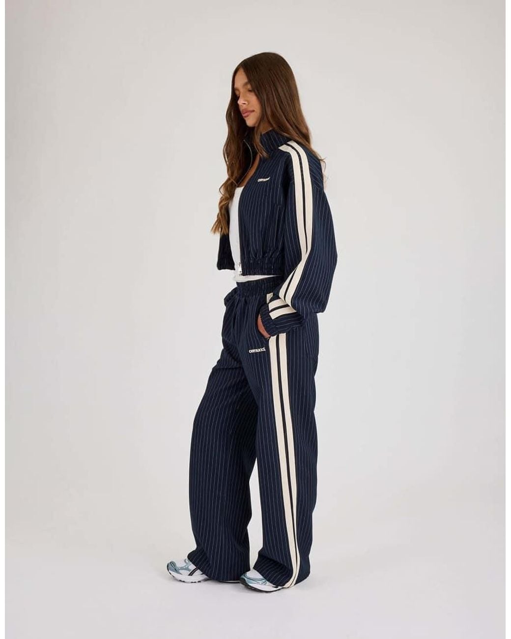 CERNUCCI Blue Pinstripe Taping Wide Leg Track Pant
