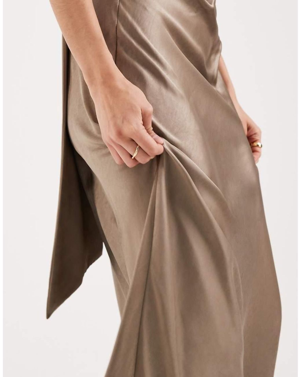 Six Stories Natural Bridesmaids Satin Scarf Detail One Shoulder Maxi Dress