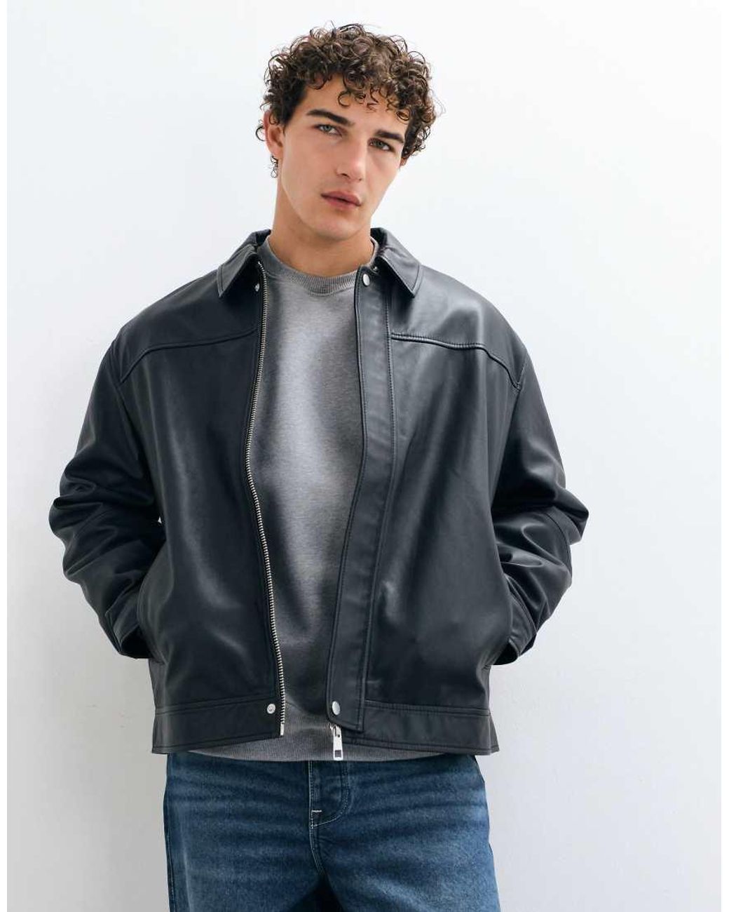 ASOS Black Oversized Real Leather Harrington for men