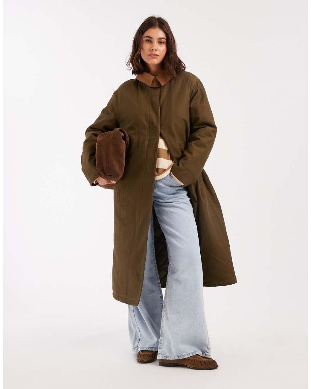 ASOS Gewatteerde Trenchcoat Met Kraagje Van Corduroy En Lange Pasvorm in het White