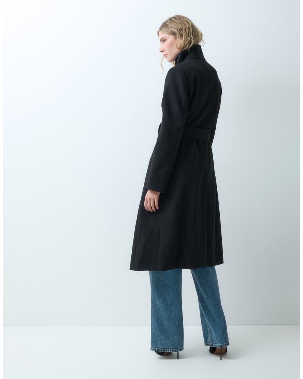 Forever New Black Wool Feel Funnel Neck Belted Long Line Coat