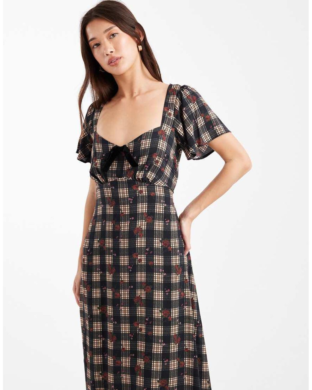 New Look White Check Velvet Bow Midi Dress