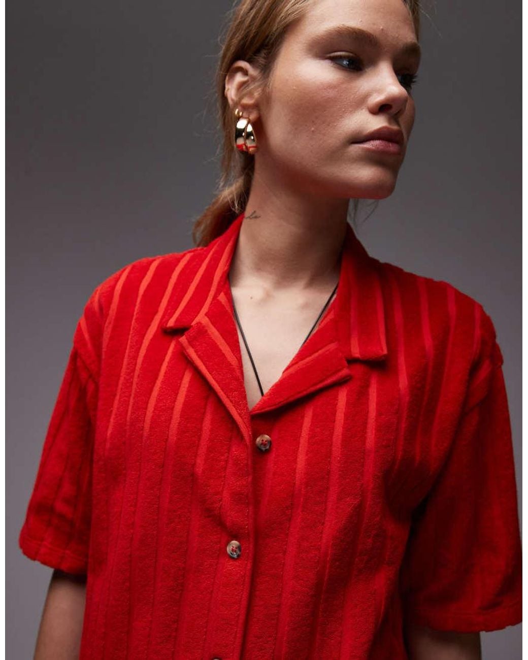TOPSHOP Red Terrycloth Boxy Shirt