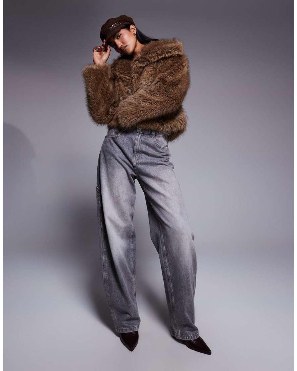 River Island Brown Cropped Faux Fur Jacket
