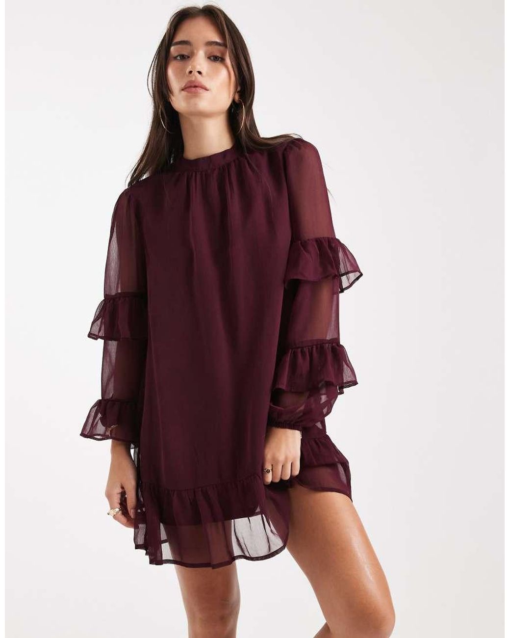 Wednesday's Girl Red Long Sleeve High Neck Ruffle Detailed Mini Dress