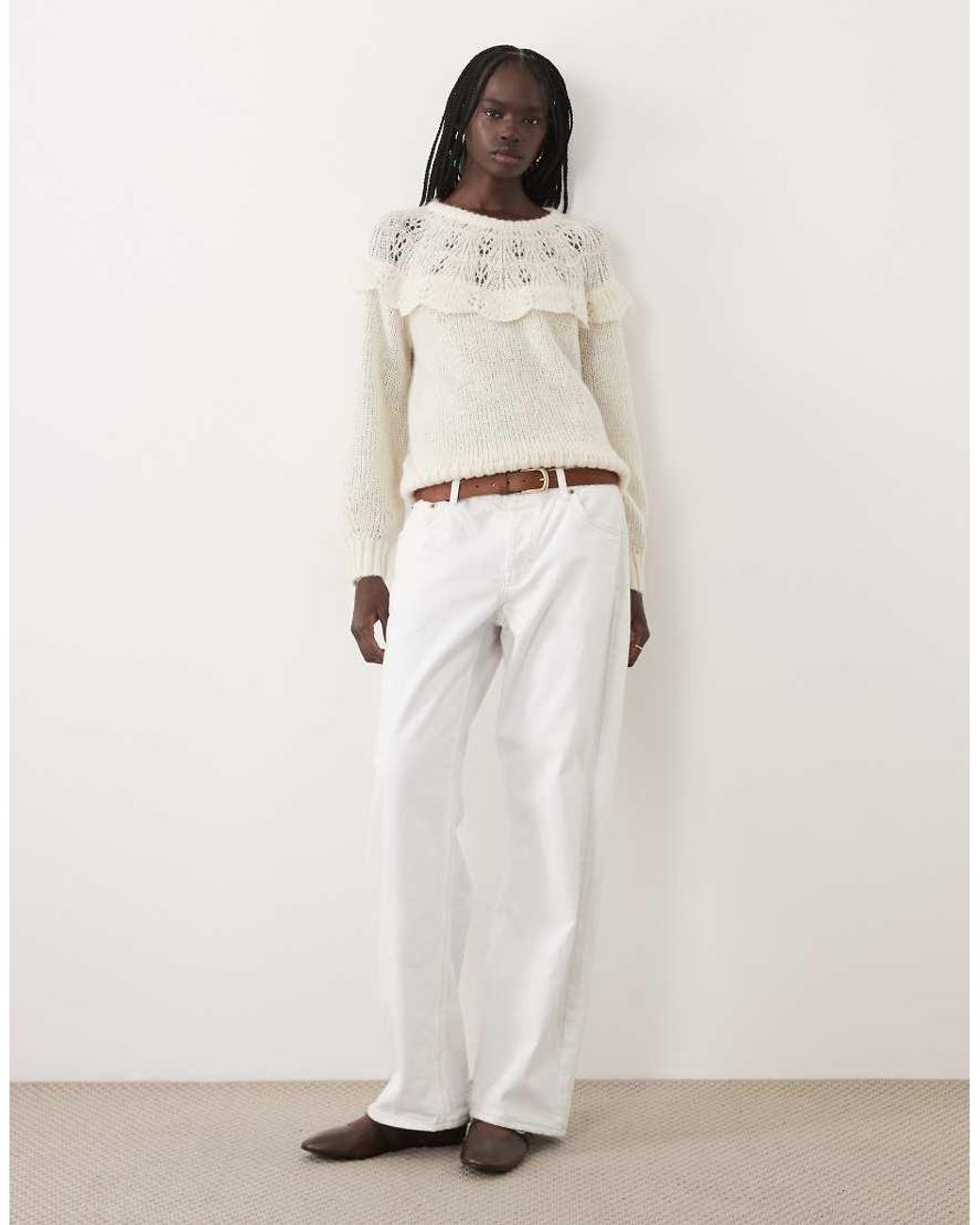 Vila White Drop Shoulder Frill Trim Soft Knitted Jumper
