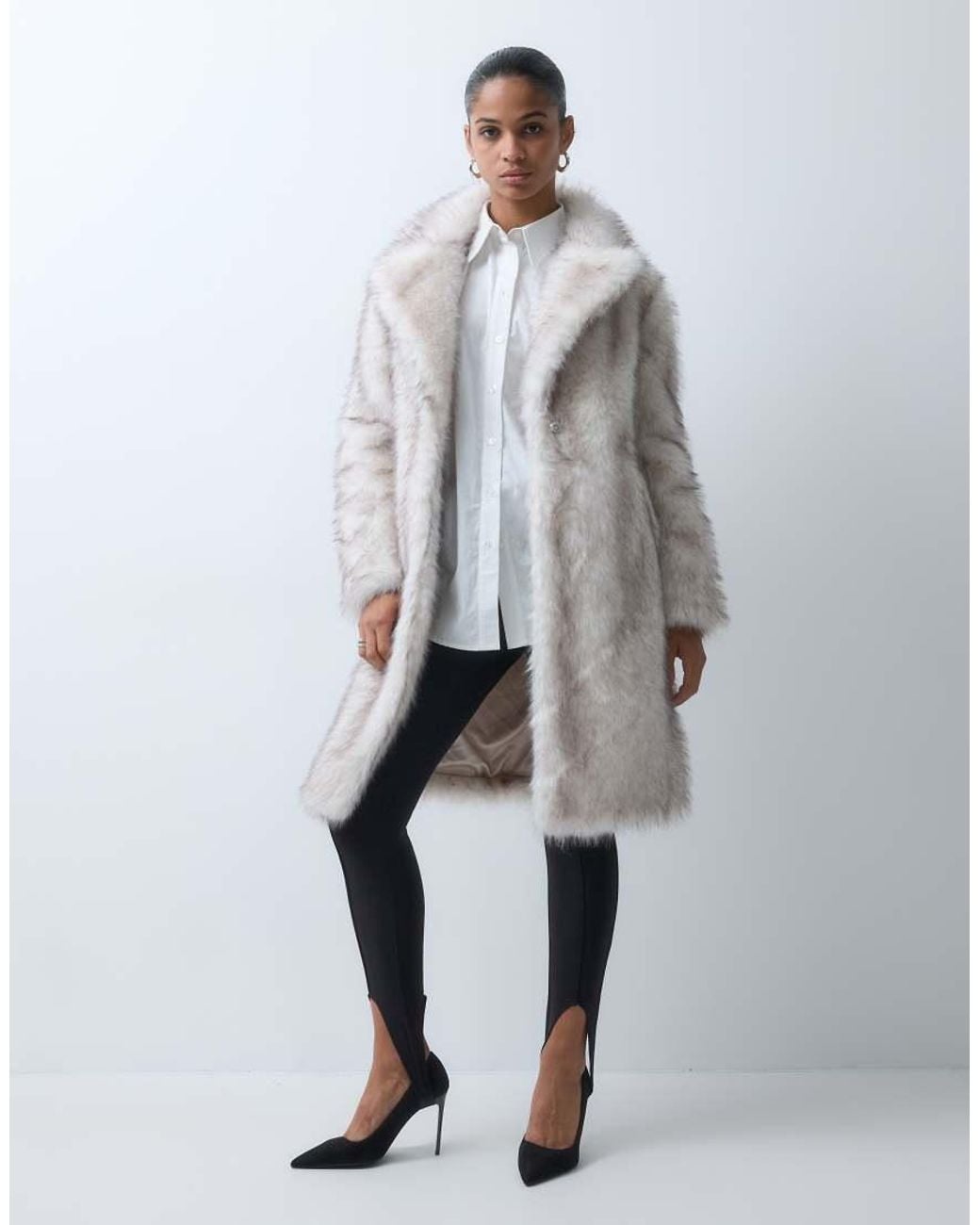 Forever New Gray Faux Fur Revere Collar Longline Coat