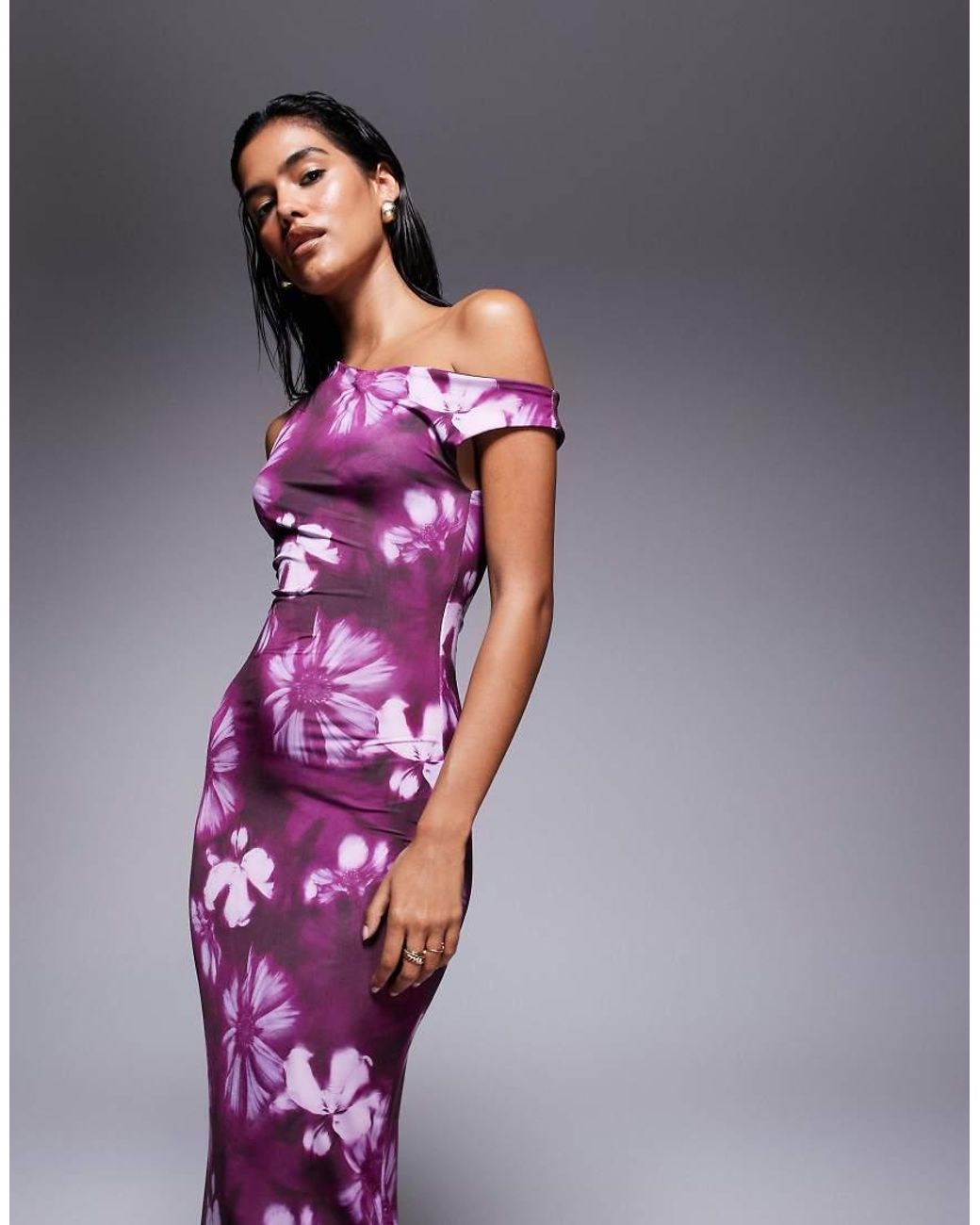 Missy Empire Double Sculpted Slinky Asymmetric Off Shoulder Maxi Dress in  Purple | Lyst UK