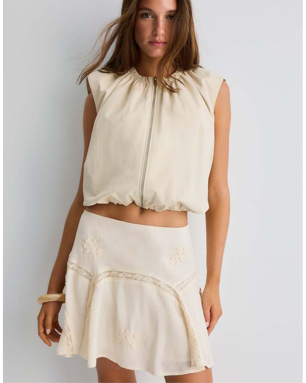 Stradivarius Natural Embroidered Godet Mini Skirt