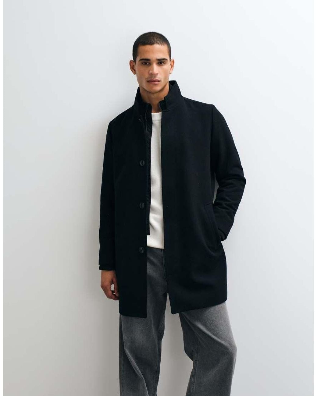 Jack & Jones Blue Wool Blend Coat With High Collar for men