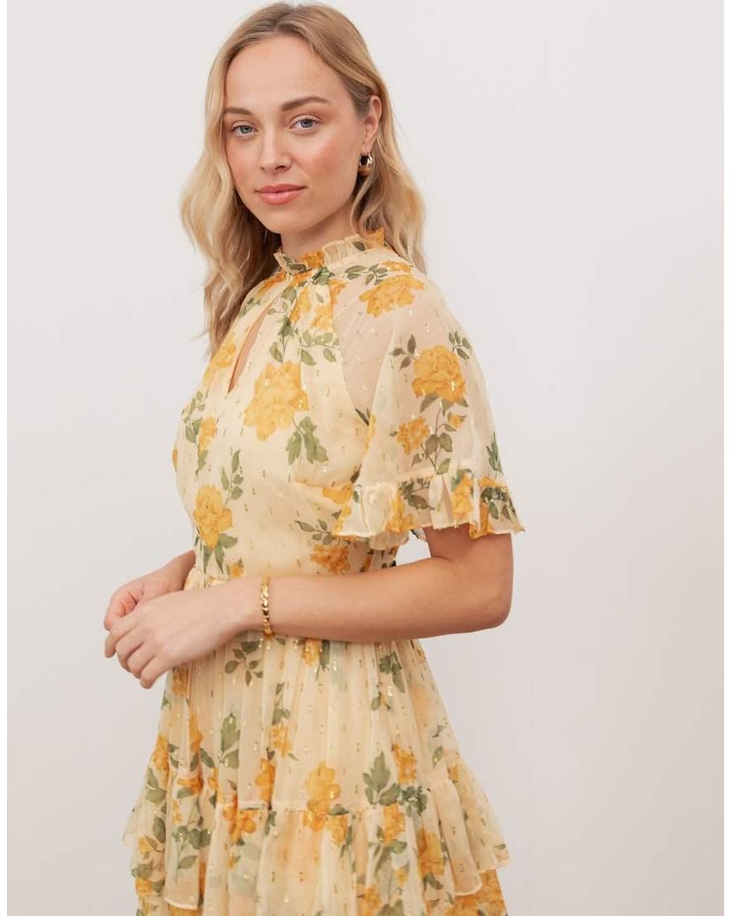 ANAYA Natural Floral Print Short Sleeve Tiered Midaxi Dress