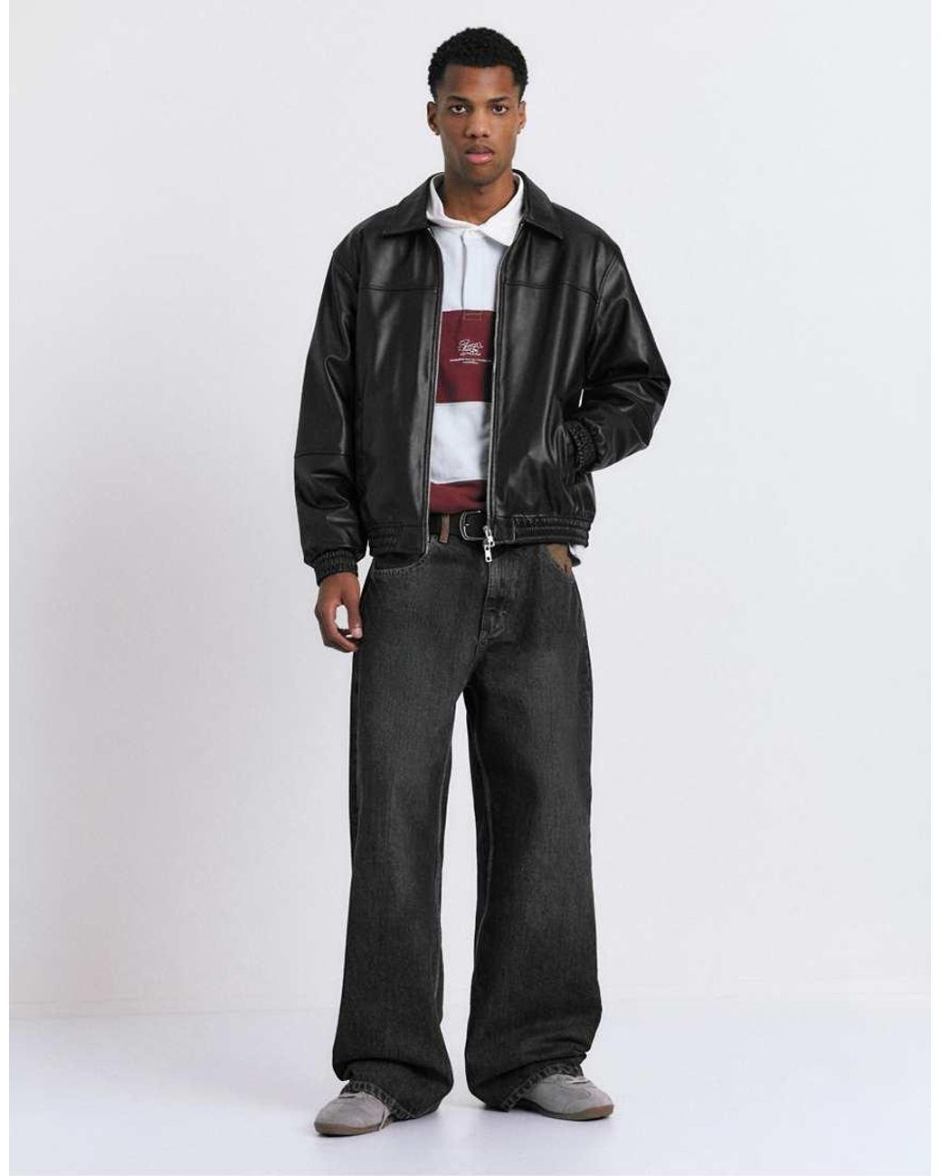 Pull&Bear Black Voluminous Leather Effect Jacket for men