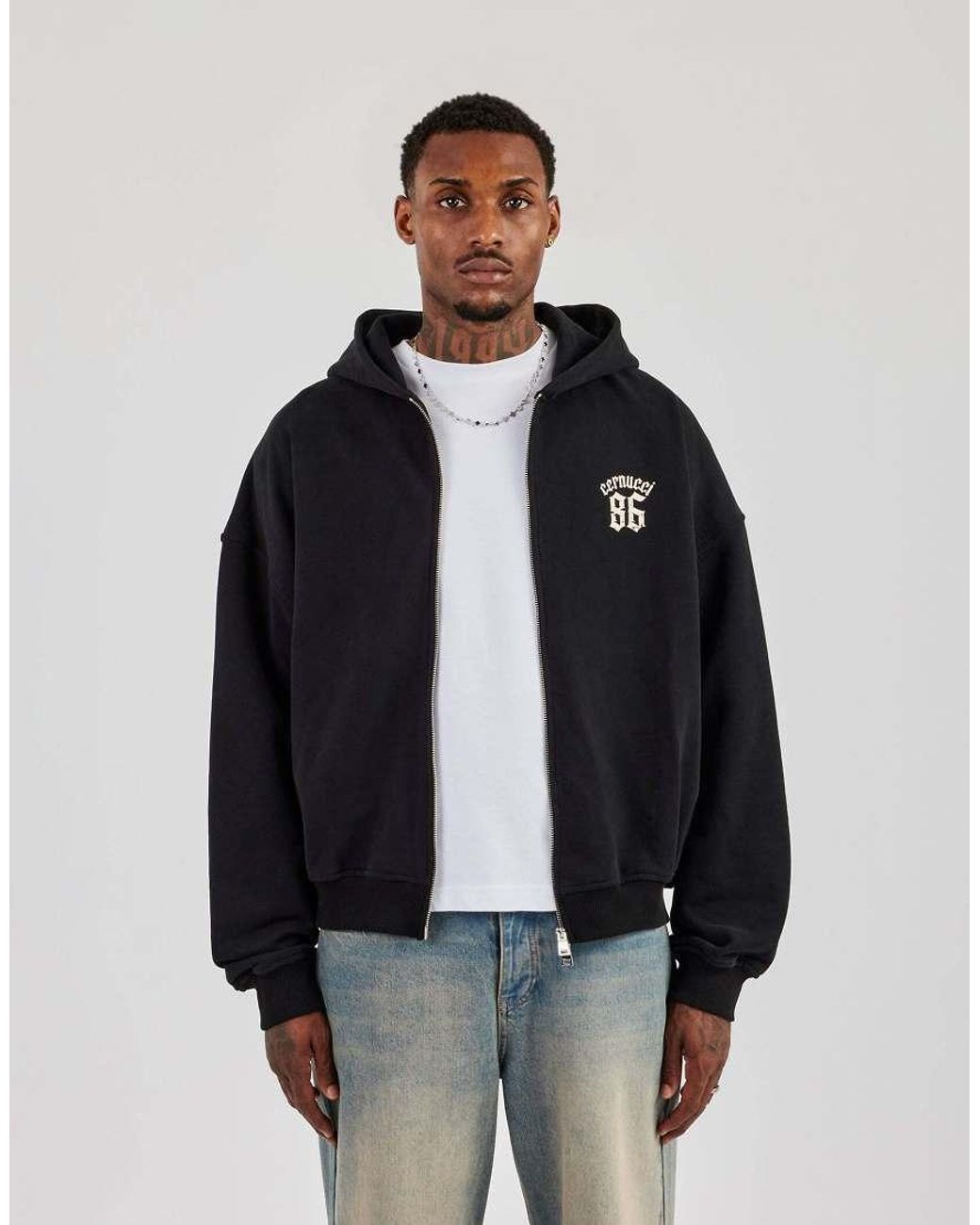 CERNUCCI Black 86 Back Print Zip Through Boxy Hoodie for men