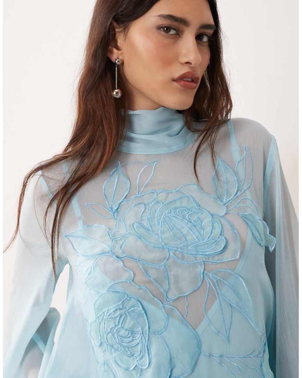 ARRANGE Blue Applique Floral Tie Neck Blouson Sleeve Trapeze Maxi Dress