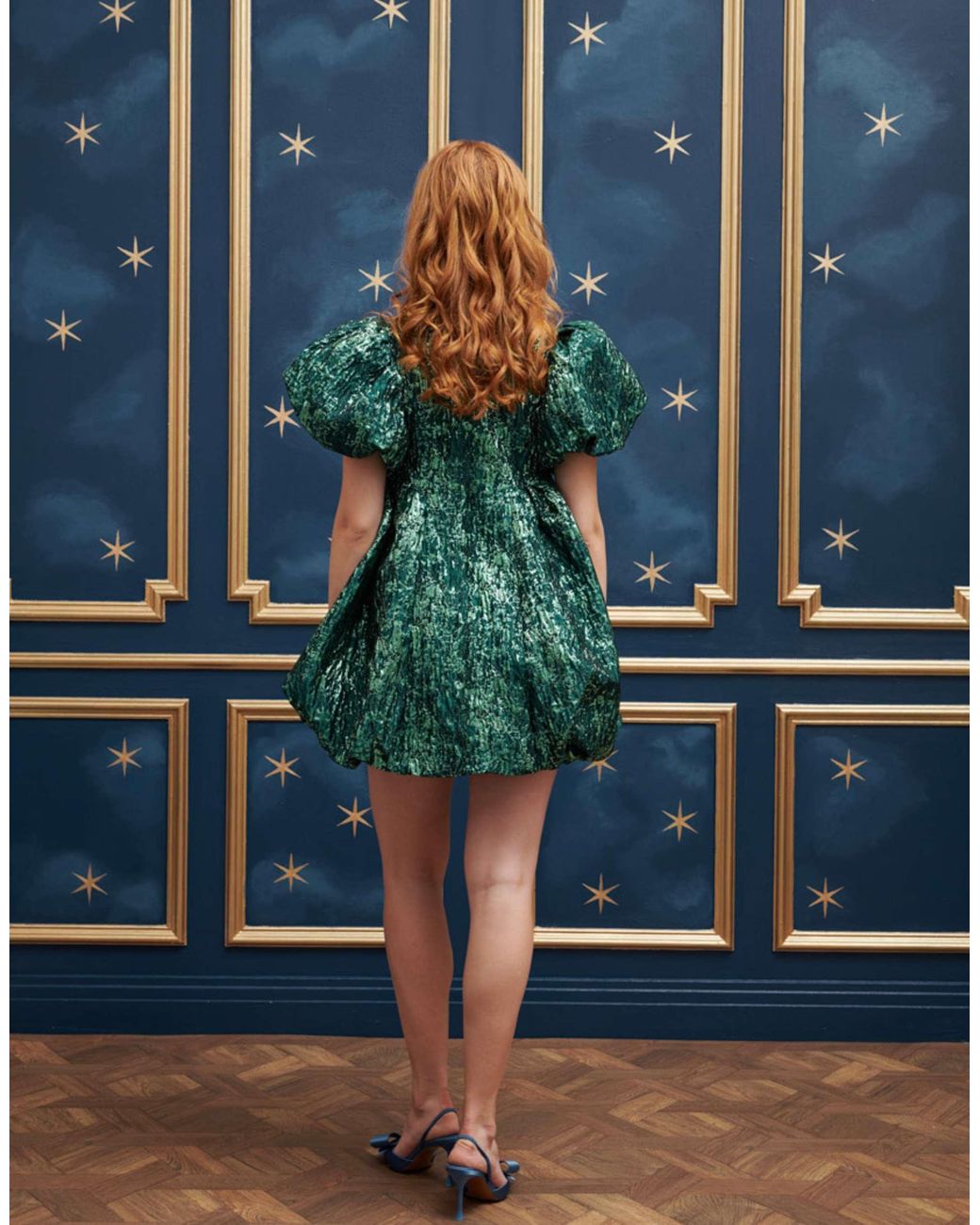 Sister Jane Puff Sleeve Mini Jacquard Dress in Green | Lyst