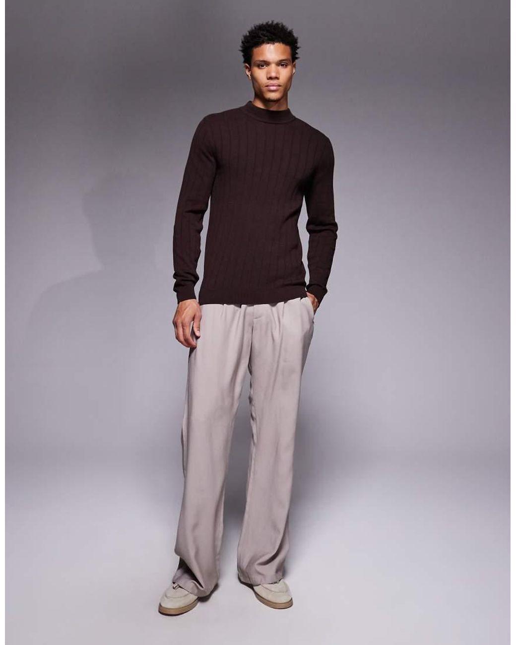 ASOS Geribbeld Gebreid Muscle Fit T-Shirt Met Lange Mouwen En Col in het Brown voor heren