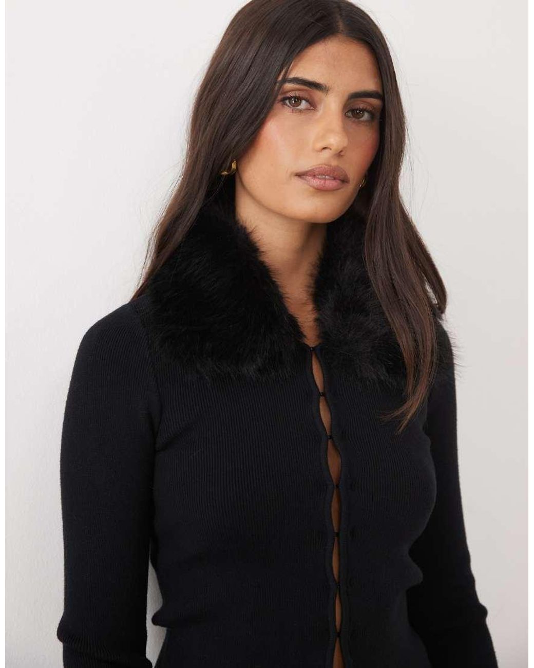 The Frolic Black Exclusive Knitted Faux Fur Collar & Cuff Cardigan