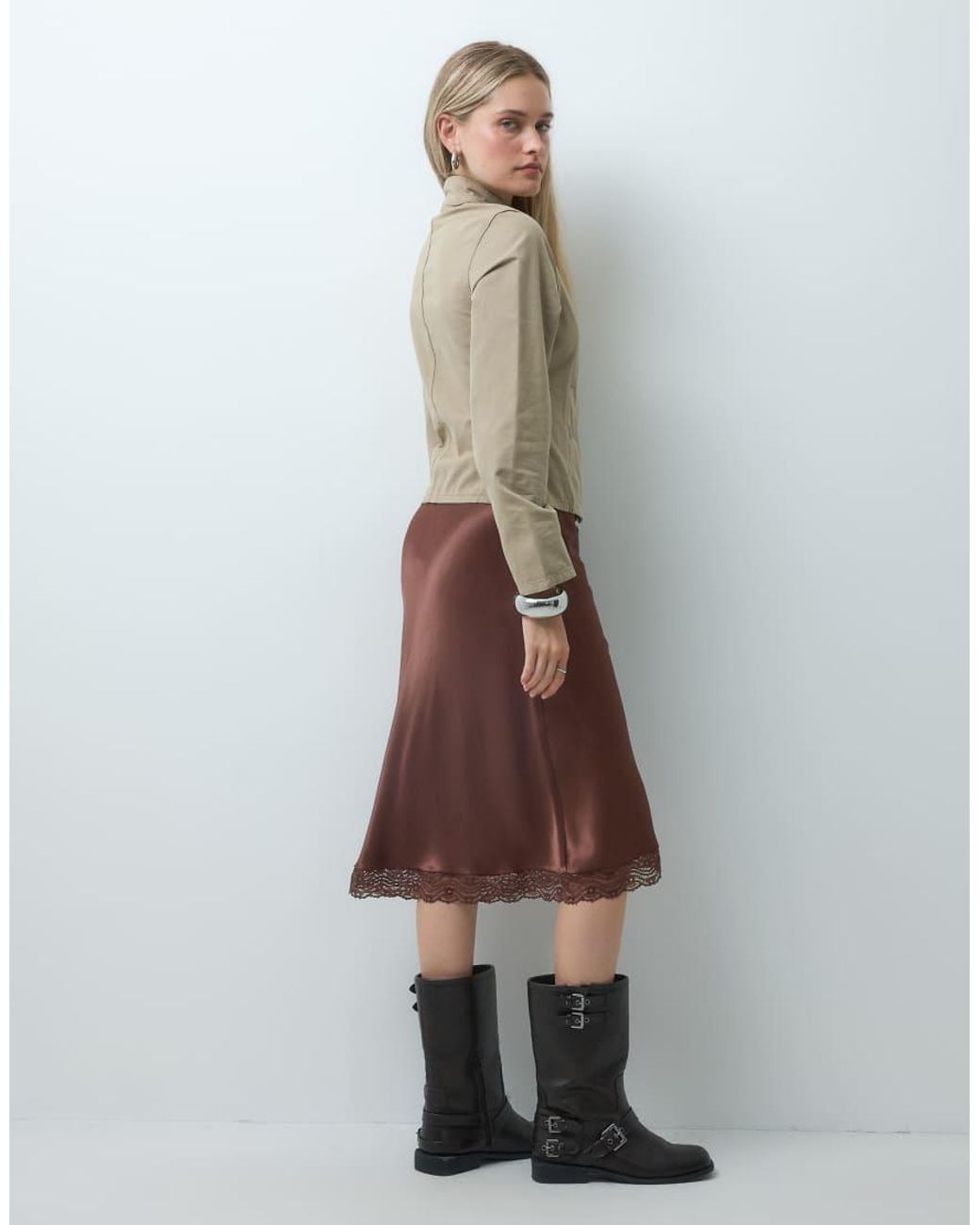 Reclaimed Vintage Natural Awkward Length Satin Midi Skirt With Lace Trim