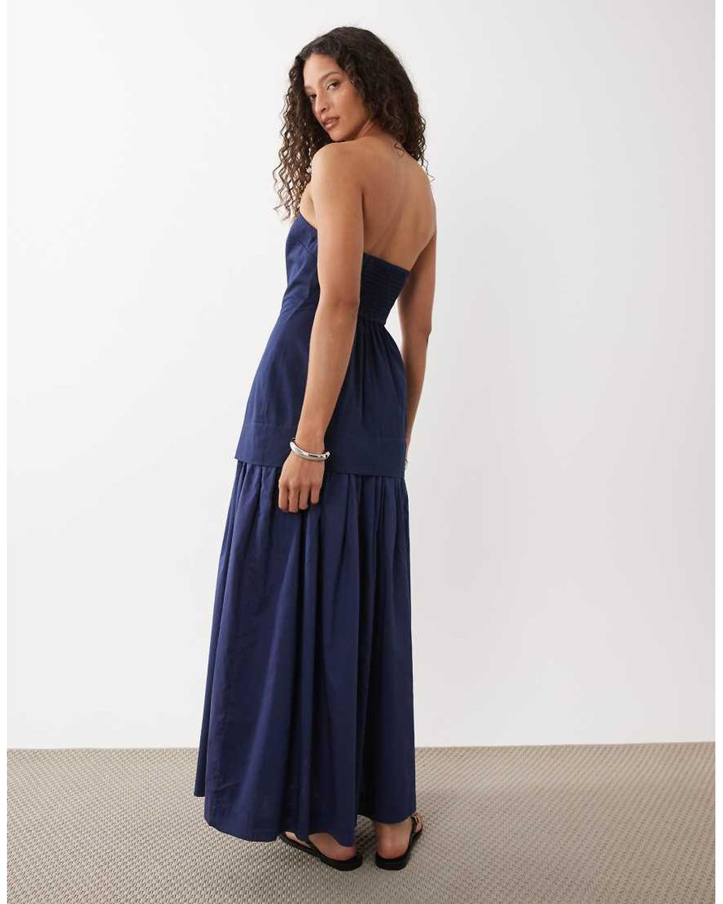 ASOS Blue Structured Cotton Bandeau Maxi Sundress With Dropped Waist Poplin Skirt