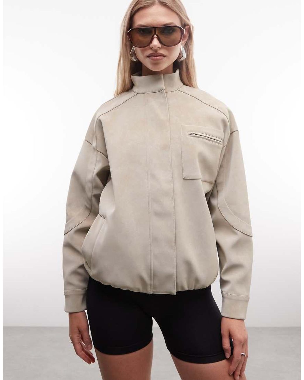 CERNUCCI Natural Faux Suede Funnel Neck Jacket