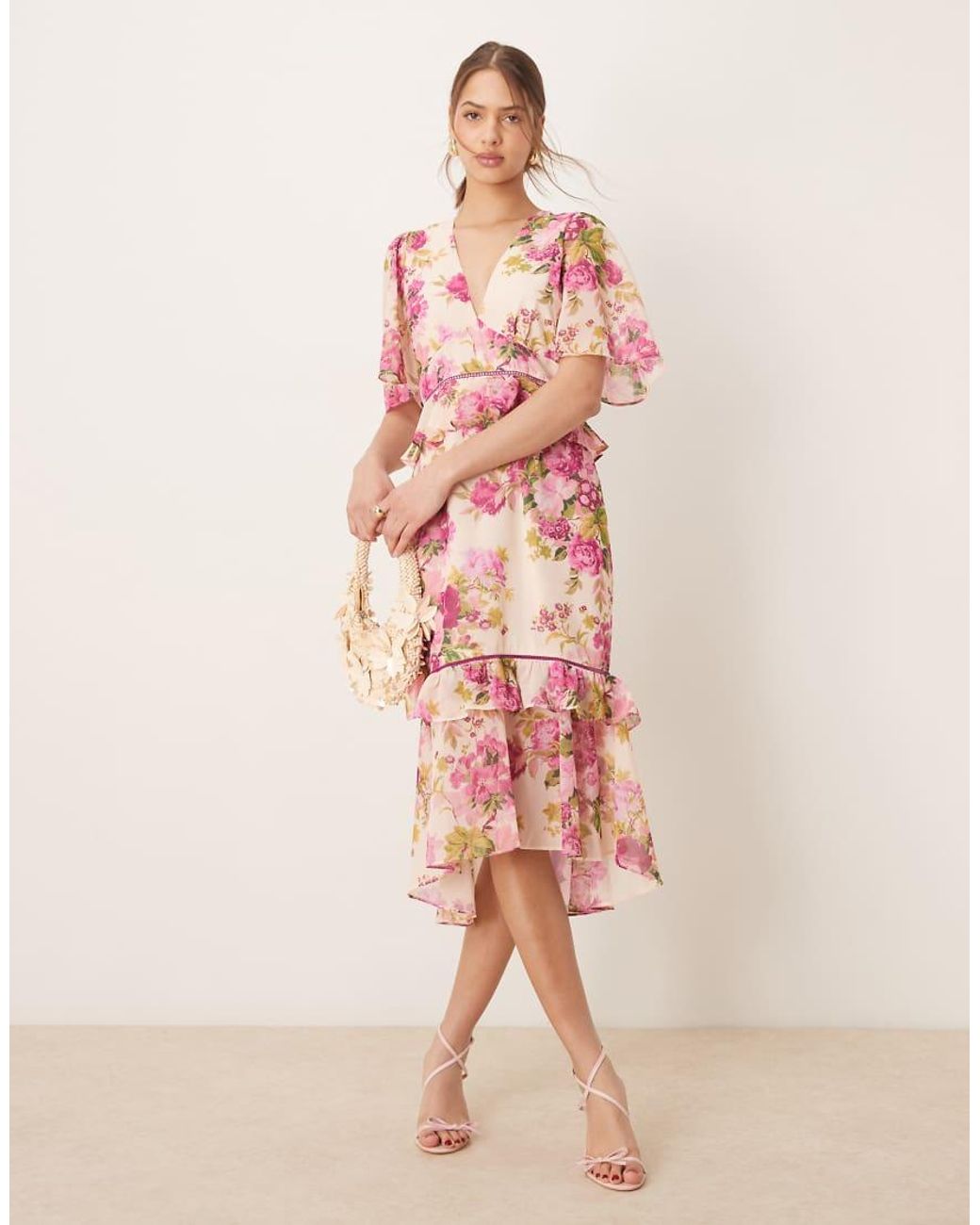 Hope & Ivy Pink Midi Tea Dress With Peplum Waist