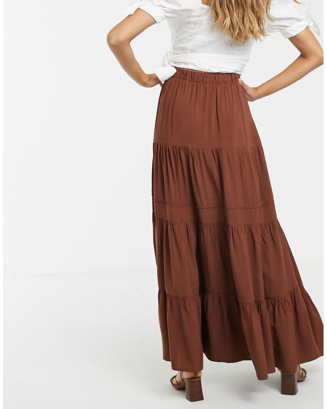 Y.A.S Tiered Maxi Skirt in Brown | Lyst
