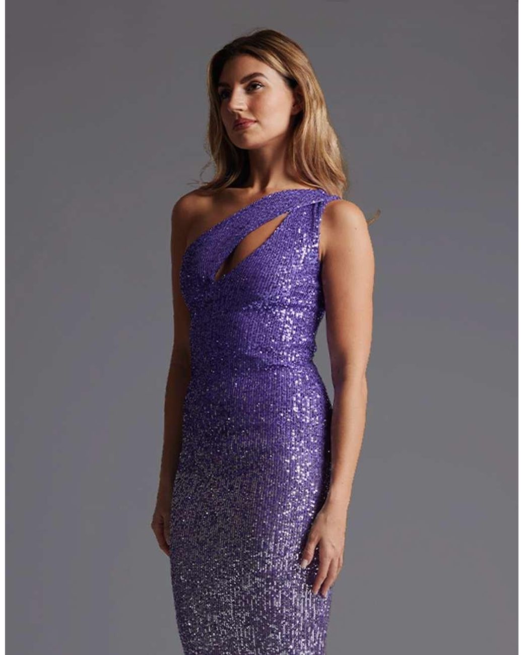 Vesper Purple One Shoulder Ombre Sequin Midaxi Dress With Cut Out