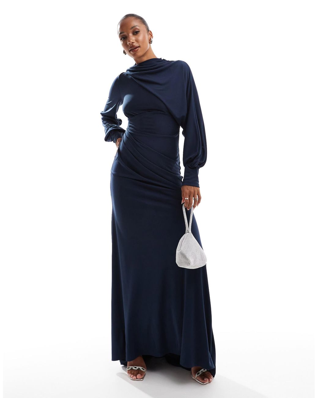 high neck maxi dress with wrap waist and fluted sleeve Madrid Blue High Neck Bell Sleeve Maxi Dress