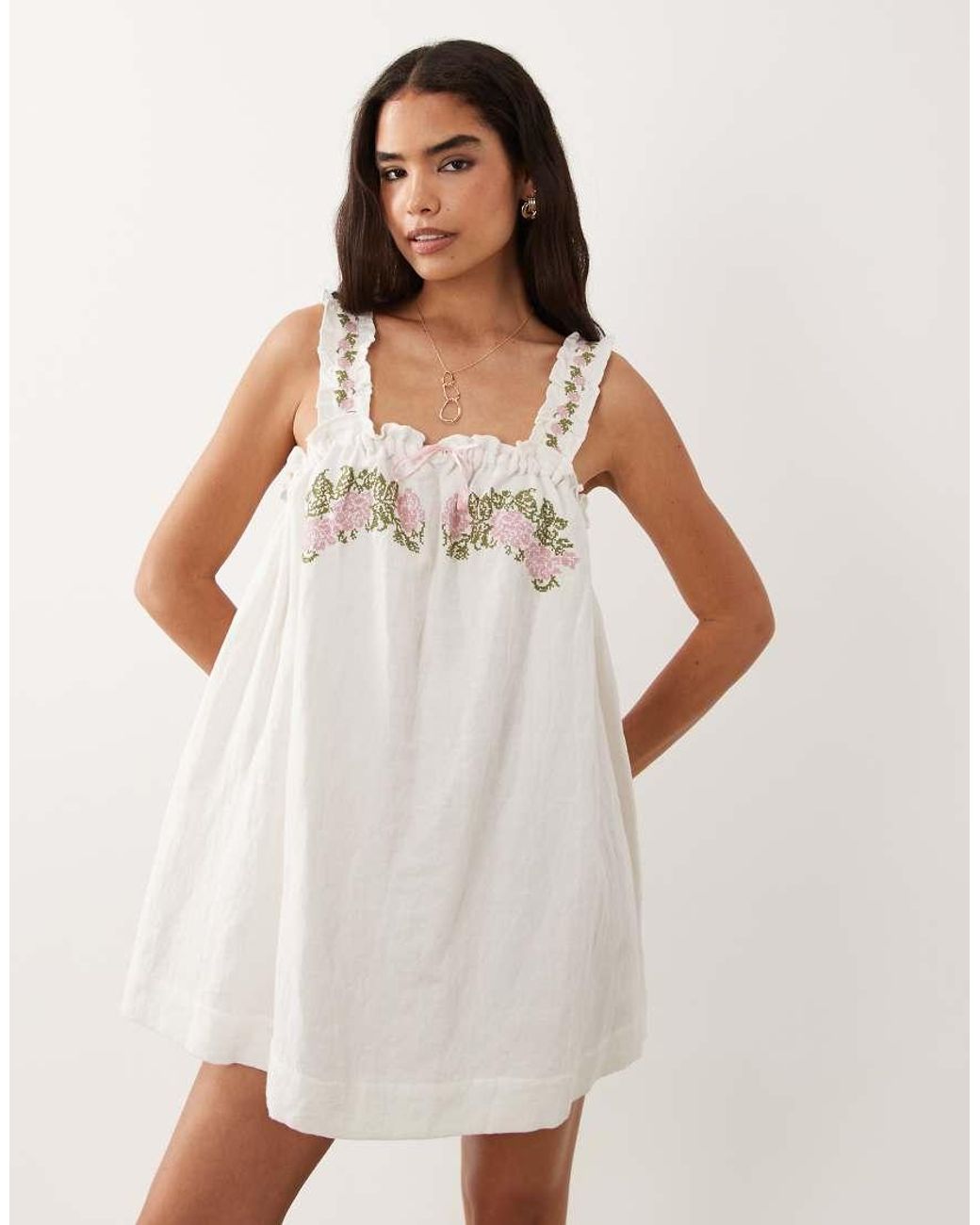 Muse Assembly Natural Mary Embroidered Smock Mini Dress