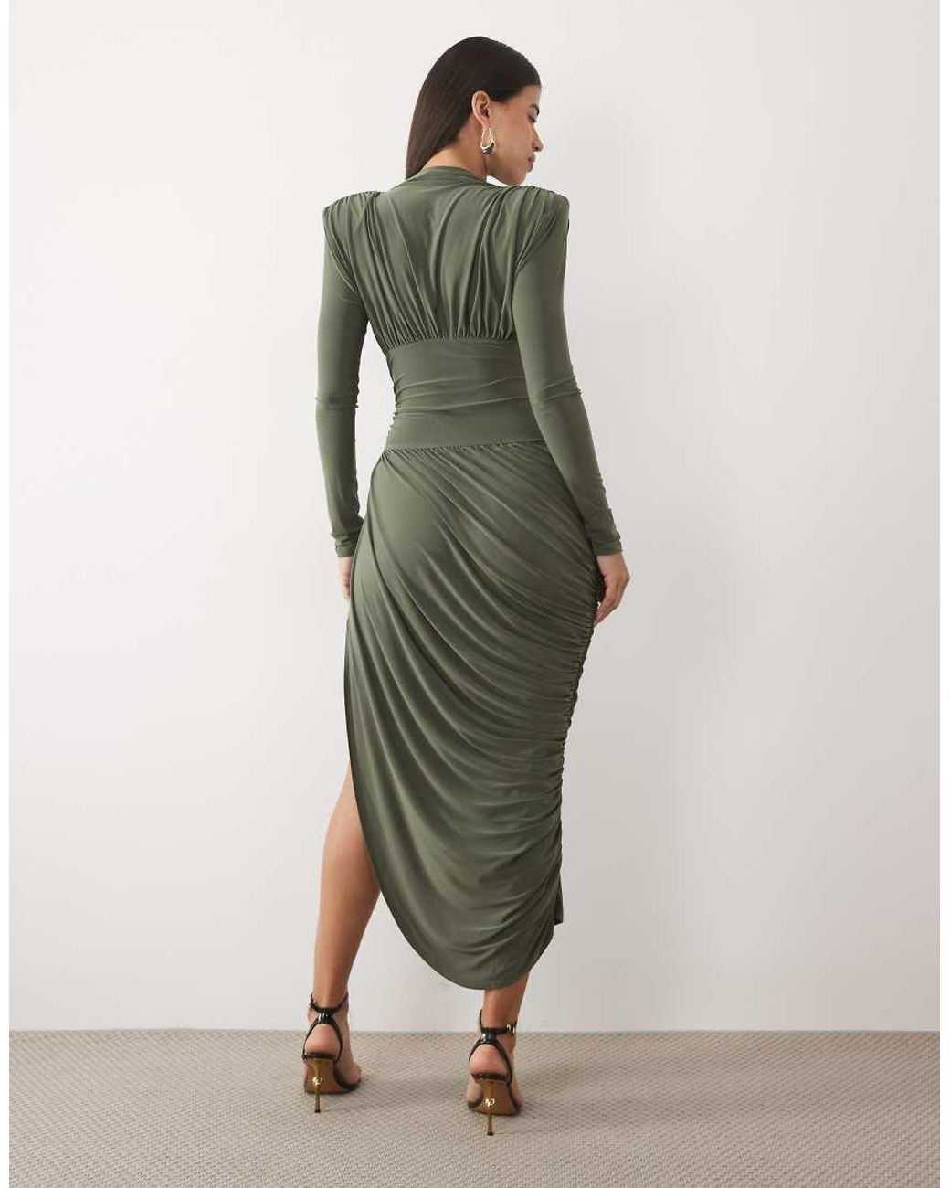 ASOS Green Shoulder Pad High Neck Draped Midaxi Dress