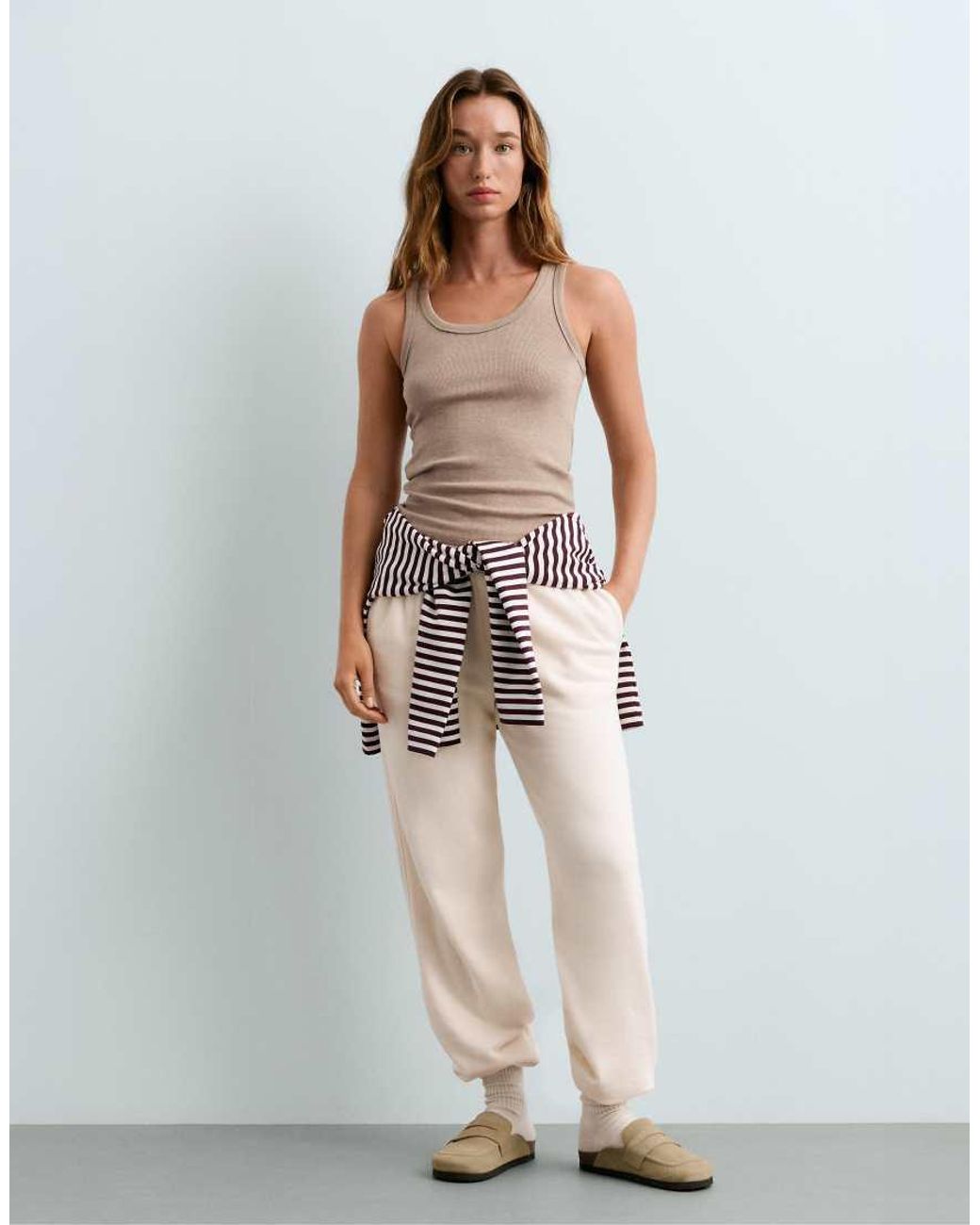 Oysho Natural Fitted Rib Strap T-shirt With Cotton And Modal