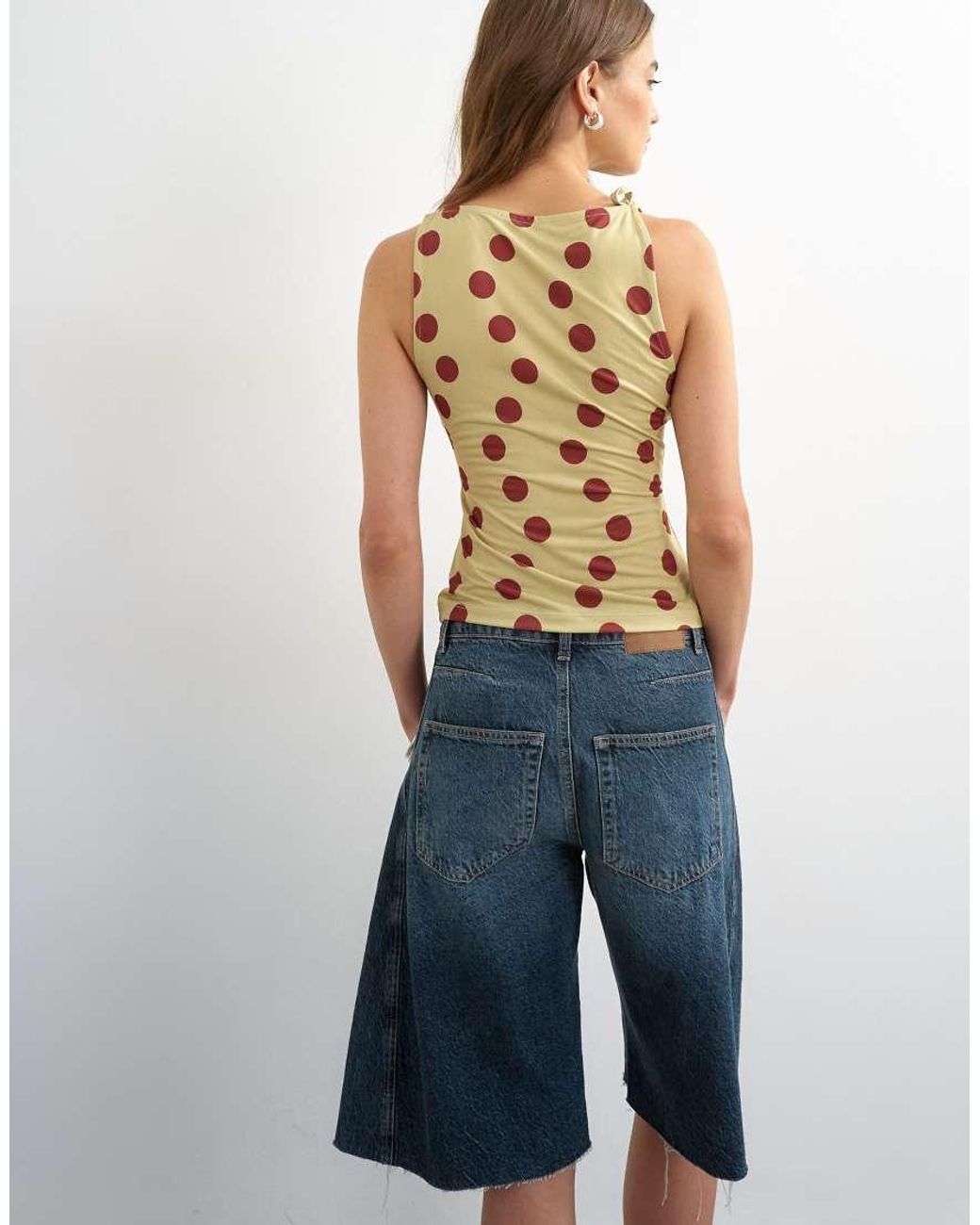 TOPSHOP Blue Polka Dot Microfibre Fold Over Tie Shoulder Top
