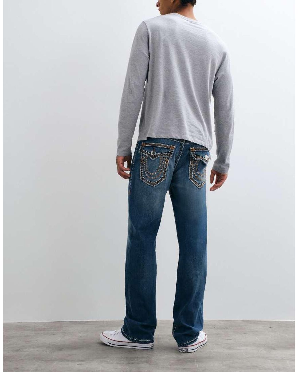 True Religion Gray Ricky Straight Fit Ropestitch Flap Pocket Denim Jeans for men