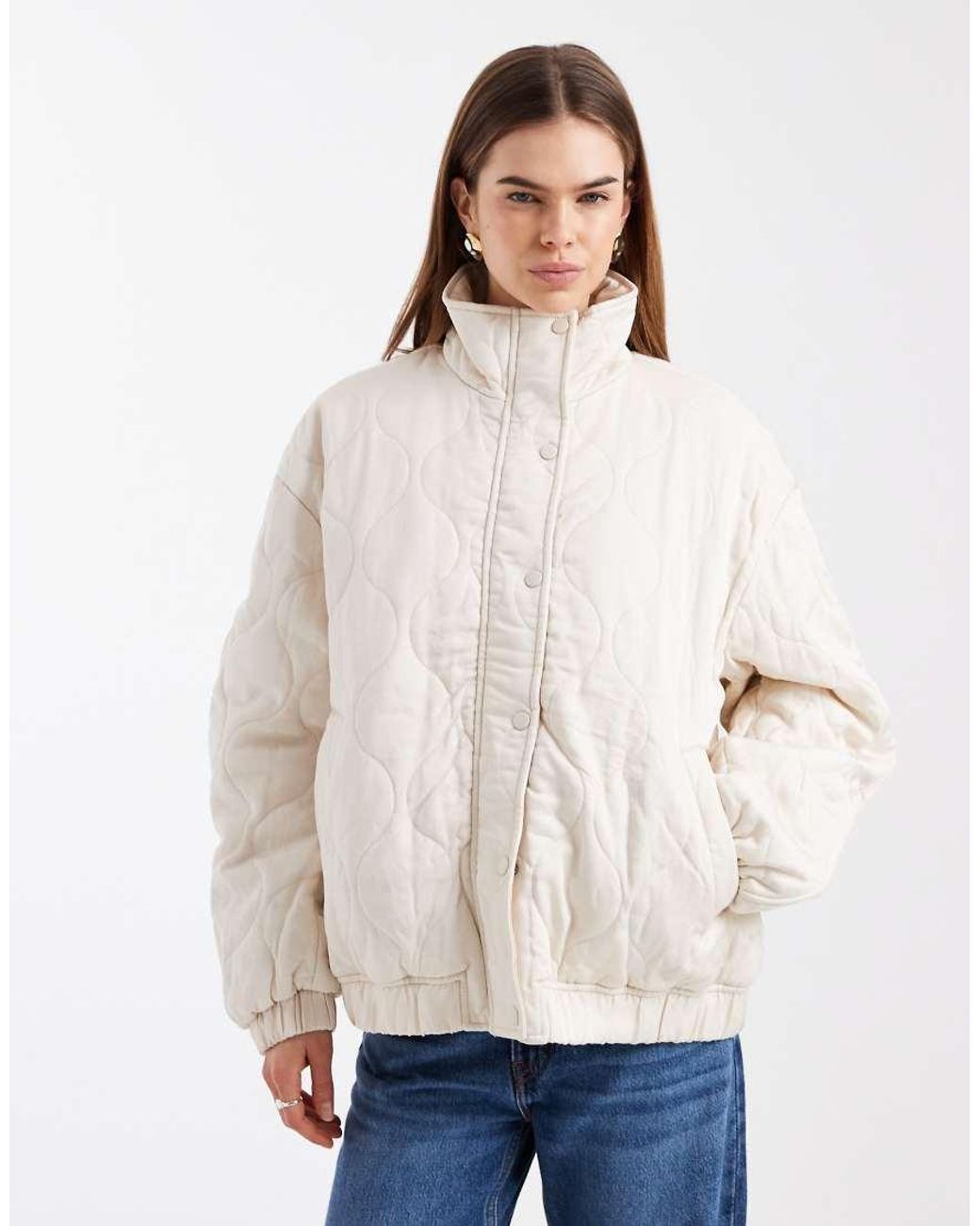 ASOS Natural Quilted Bomber Jacket With Yoke Detail