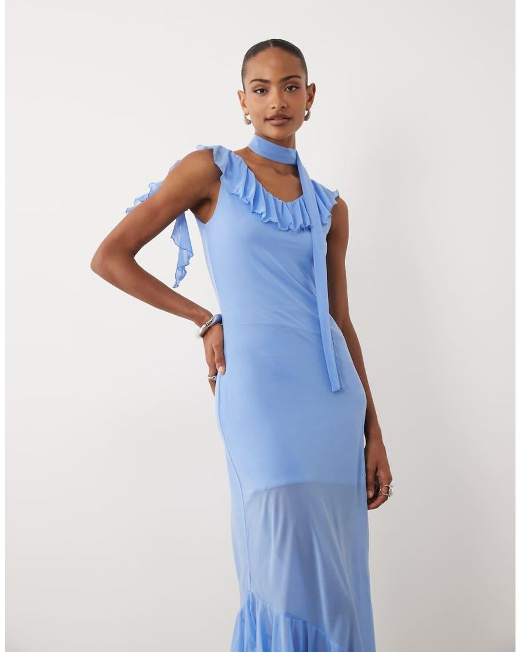Fashionkilla Exclusive Mesh Overlay Ruffle Drape Sheer Asymmetric Hem Maxi Dress in Blue