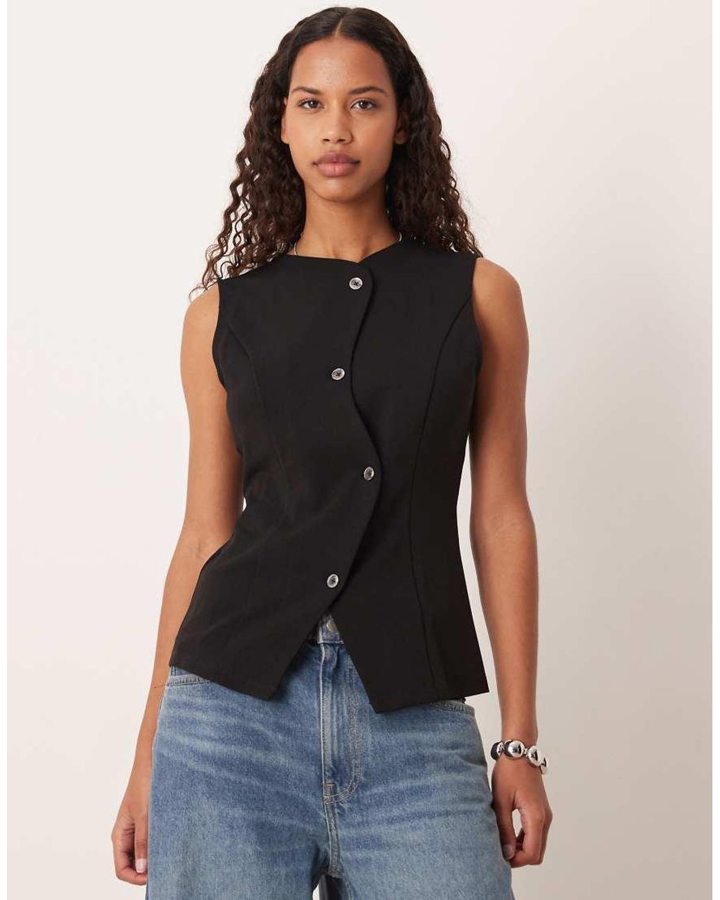 Vila Black Asymetric Button Detail Tailored Waistcoat