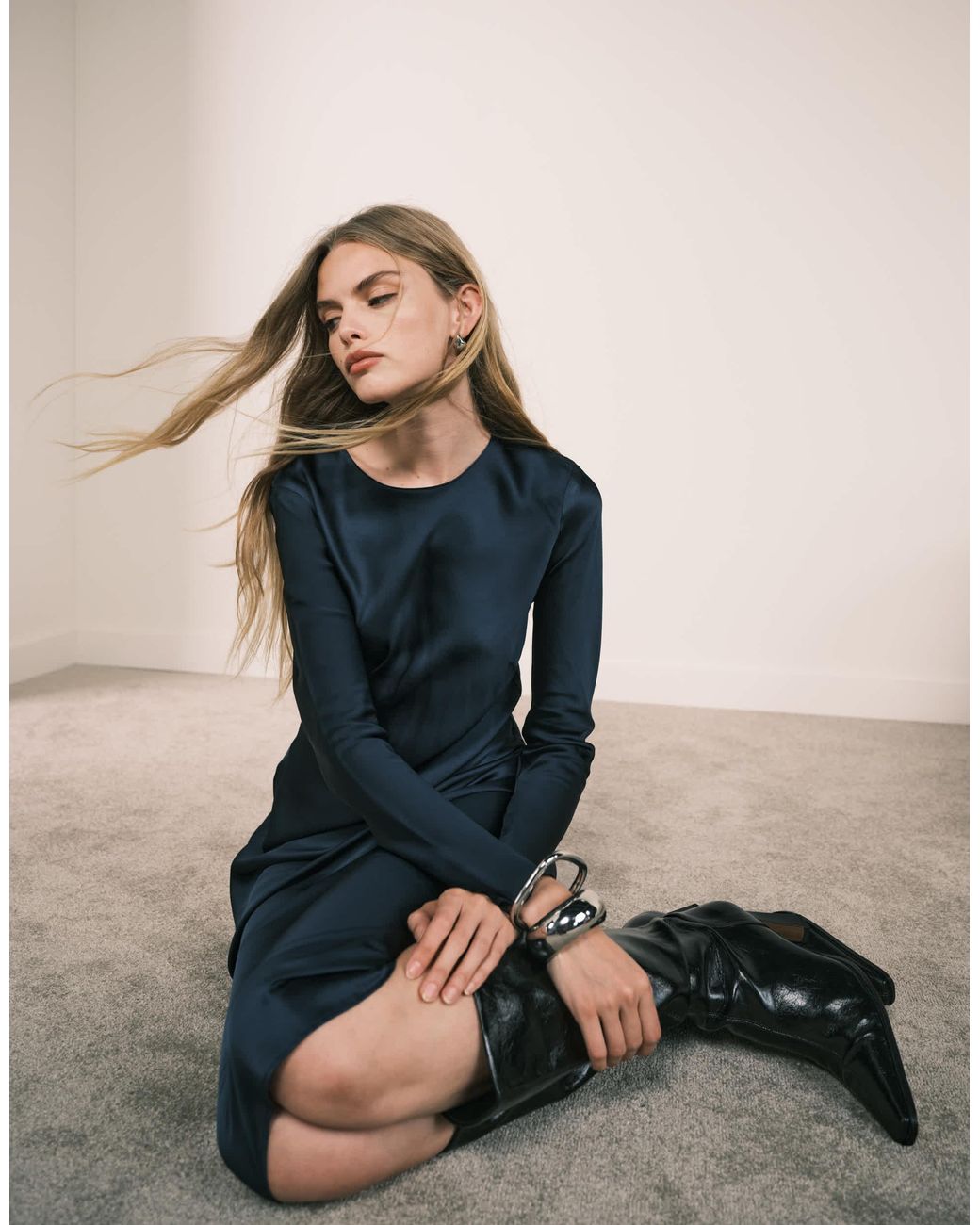 Mango Long Sleeve Satin Maxi Dress in Blue | Lyst