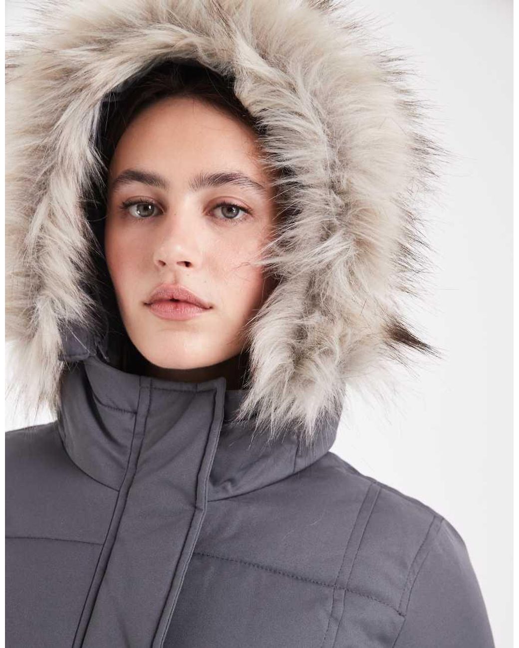 Hollister Gray Belted Puffer Jacket With Fur Hood