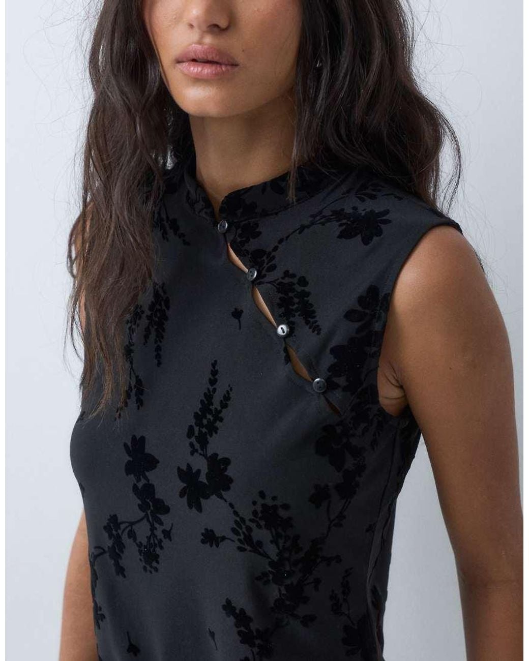 Jdy Black Mandarin Collar Top With Floral Detail