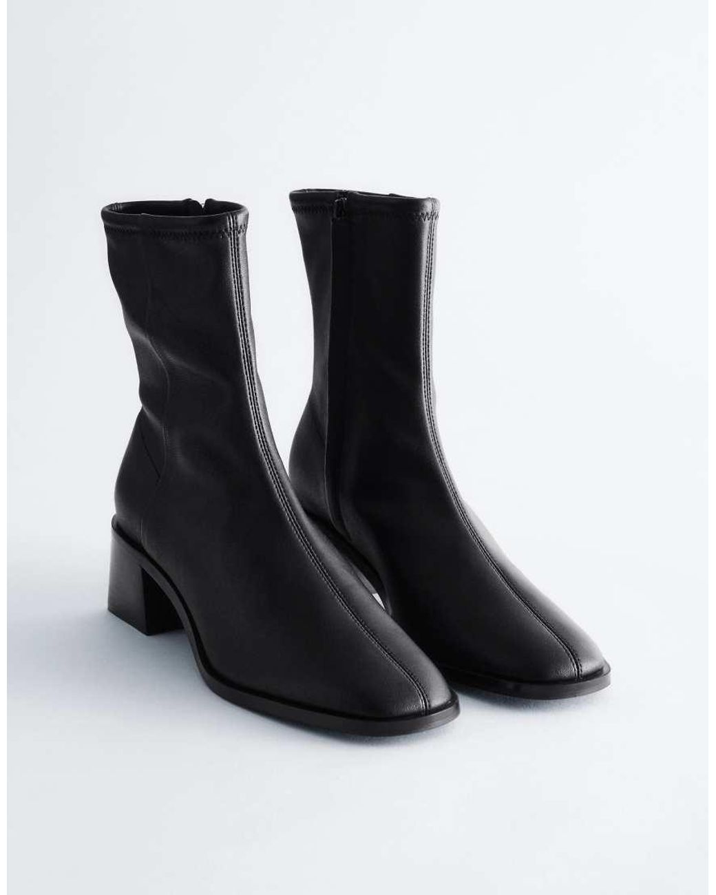 & Other Stories Black Premium Leather Square Toe Heeled Ankle Boots