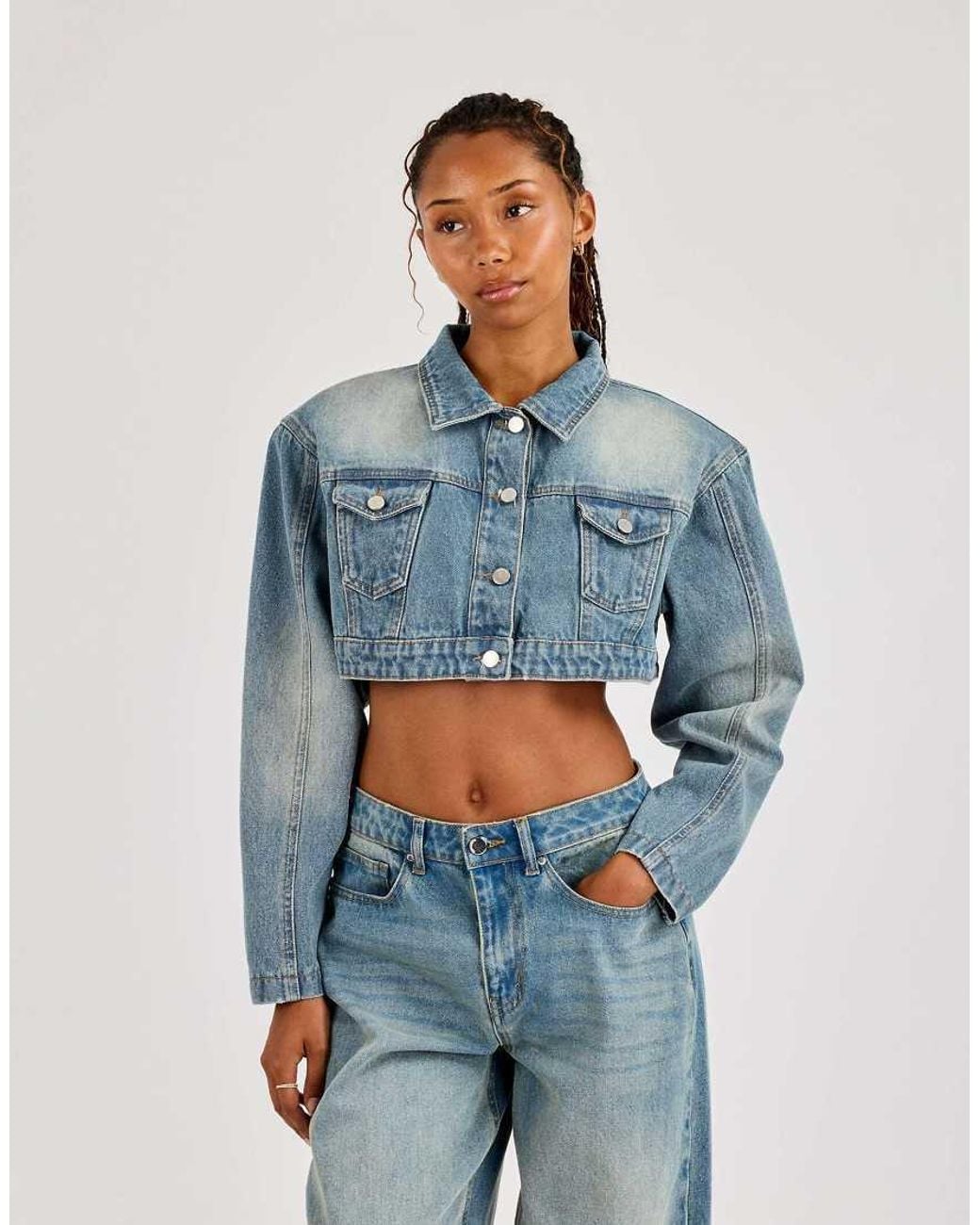 CERNUCCI Blue Super Crop Shoulder Pad Denim Jacket