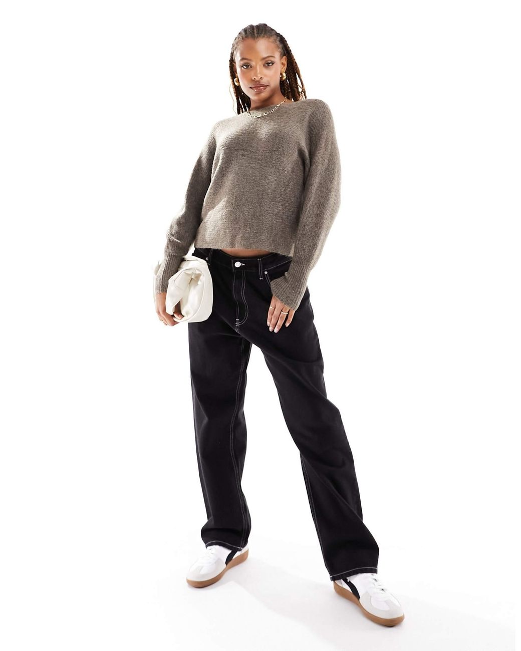 ONLY Gray Ribbed Wide Neck Sweater
