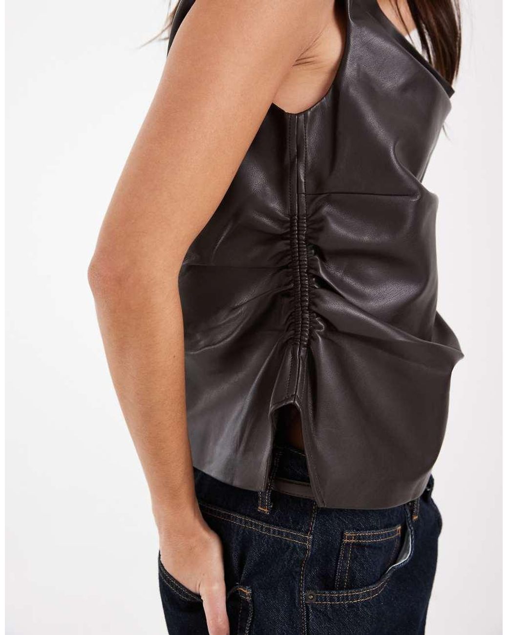 River Island Black Leather Look Ruched Sleeveless Top