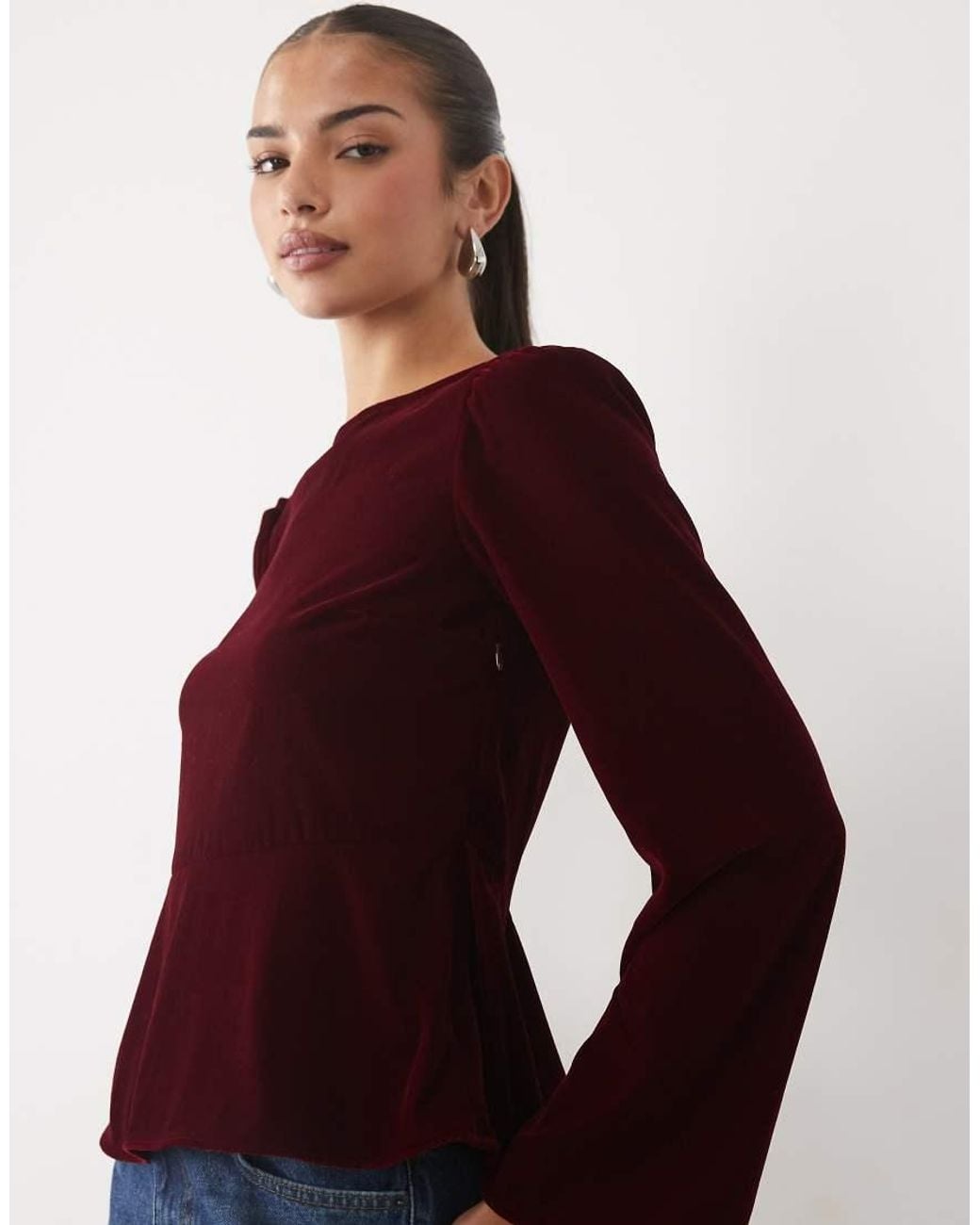 Nobody's Child Red Eva Velvet Boat Neck Flare Sleeve Top