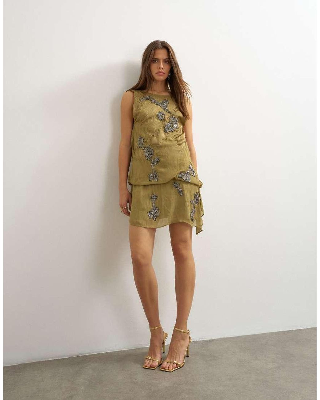 TOPSHOP Green Open Back Lace Applique Embellished Mini Dress