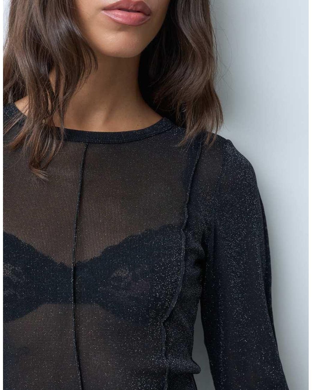 JJXX Black Long Sleeve Glitter Mesh Top