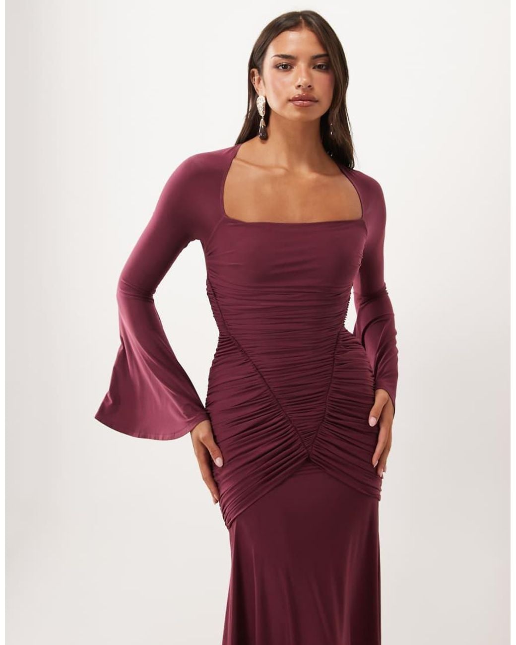 ASOS Red Slinky Square Neck Maxi Dress With Ruched Bodice