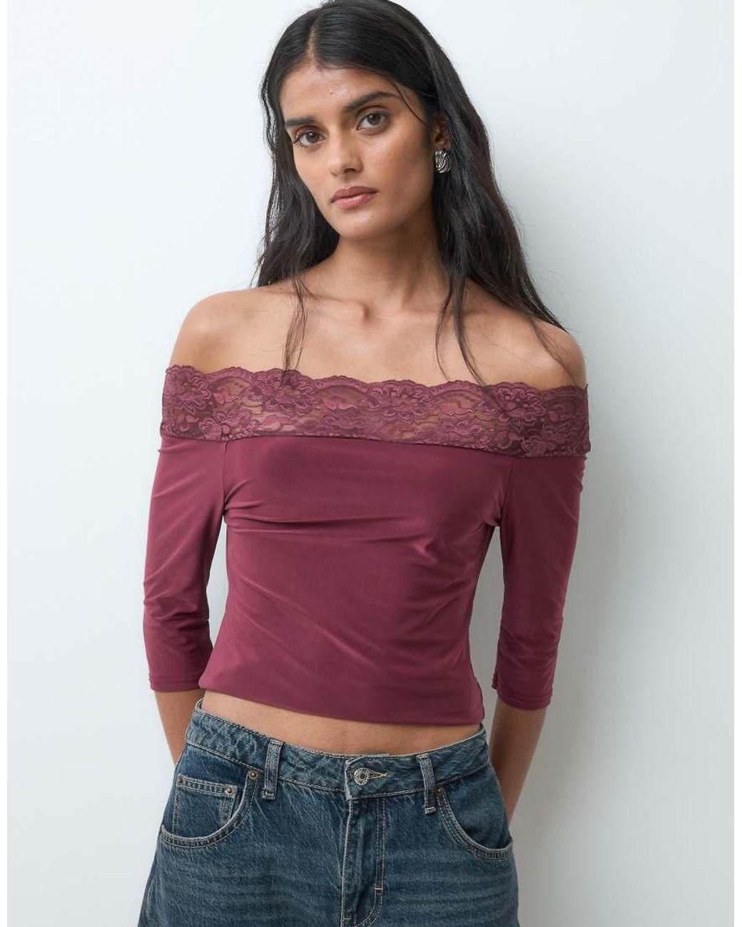 Miss Selfridge Purple Bardot Top With Lace Trim